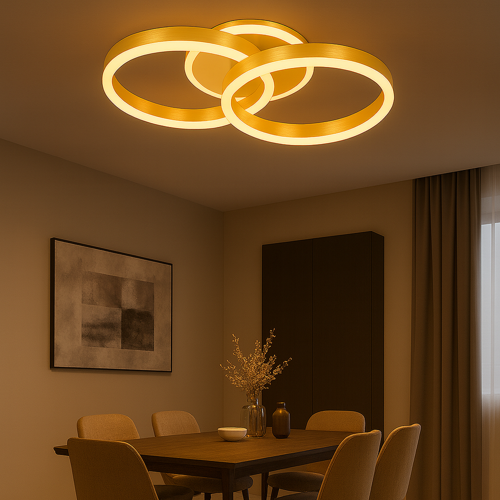 Lustra LED moderna aurie, 2 cercuri, 96W, montata in dining modern, lumina reglabila cu telecomanda