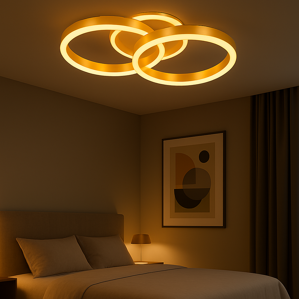 Lustra LED aurie cu 2 cercuri, 96W, iluminand un dormitor modern cu lumina ajustabila 3000K–6500K