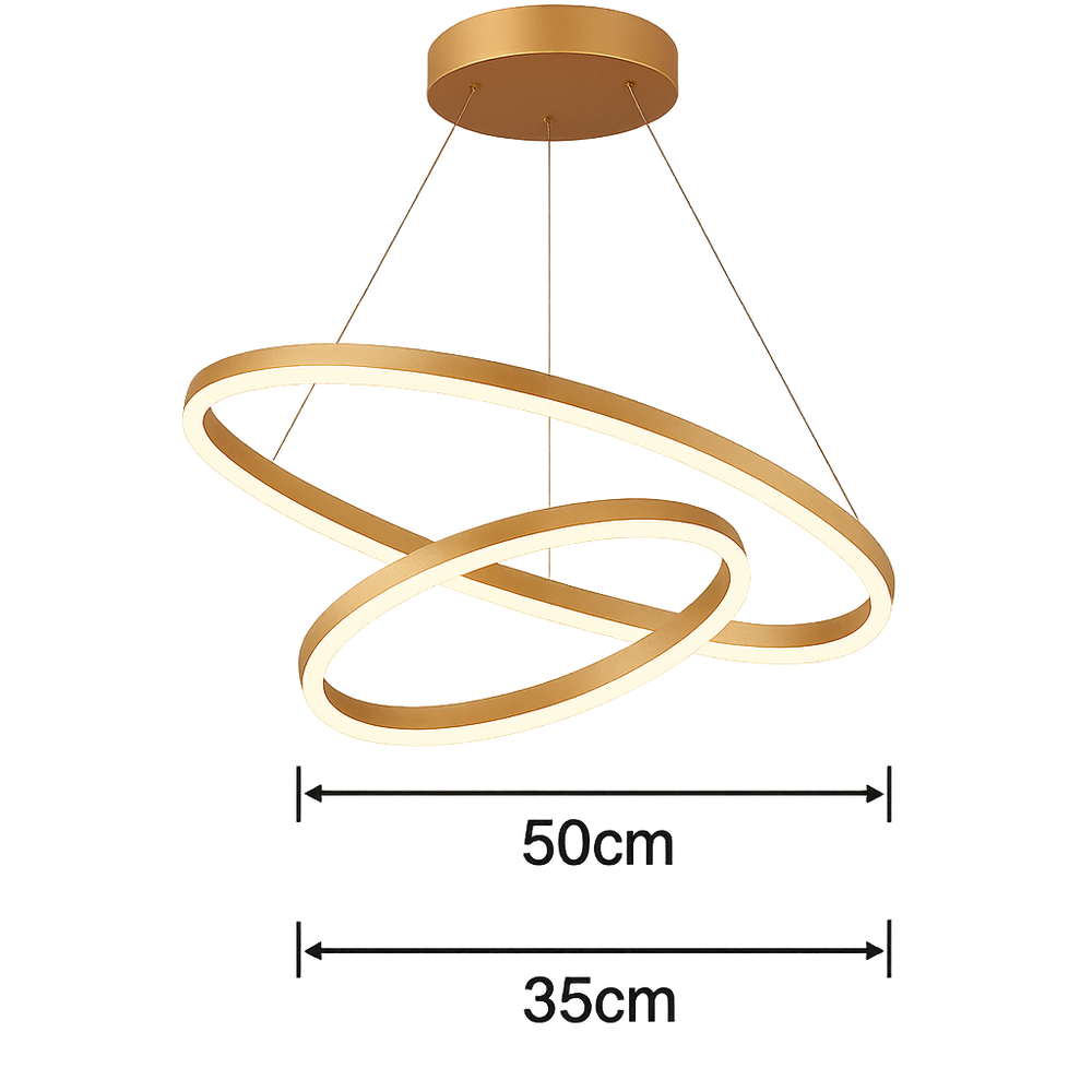 Lustra LED 2 cercuri auriu satinat 140W cu telecomanda, iluminare ambientala pentru dormitor