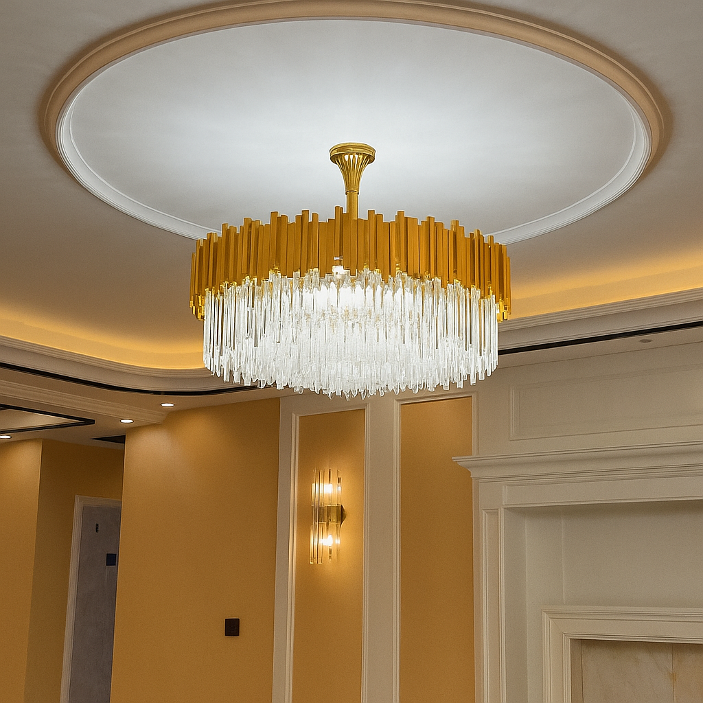 Candelabru rotund negru cu cristale Ø600 in living elegant, iluminare puternica cu 10 becuri E27 pentru spatiu amplu.