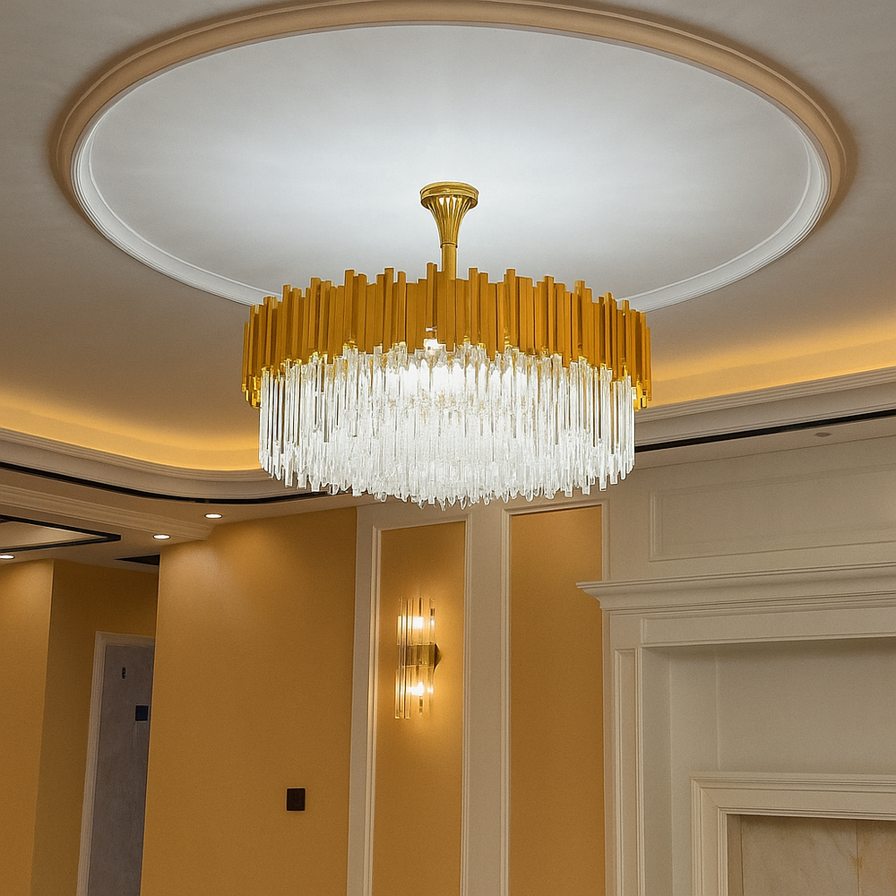 Candelabru rotund negru cu cristale Ø600 in living elegant, iluminare puternica cu 10 becuri E27 pentru spatiu amplu.