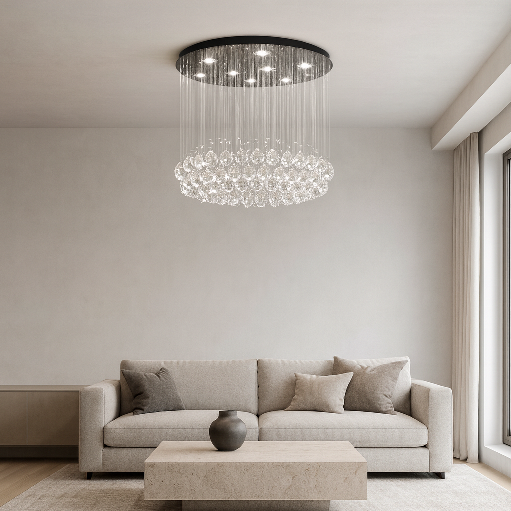 Candelabru LED 4000K cu cristale in living elegant, 45W, iluminare clara si uniforma, design rafinat pentru spatii moderne