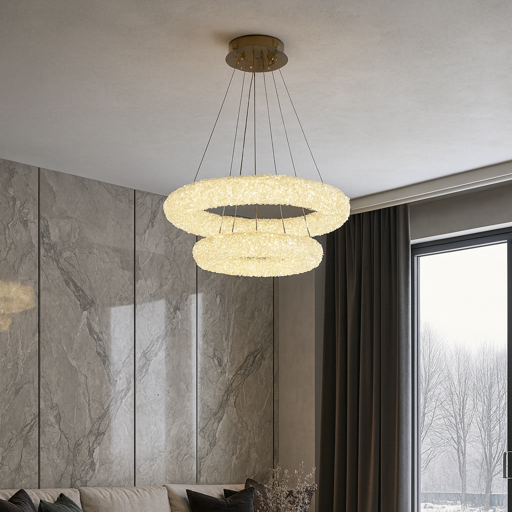 Pendul LED dublu rotund auriu Ø600+Ø400 cu telecomanda, lumina ajustabila ambientala in living modern.