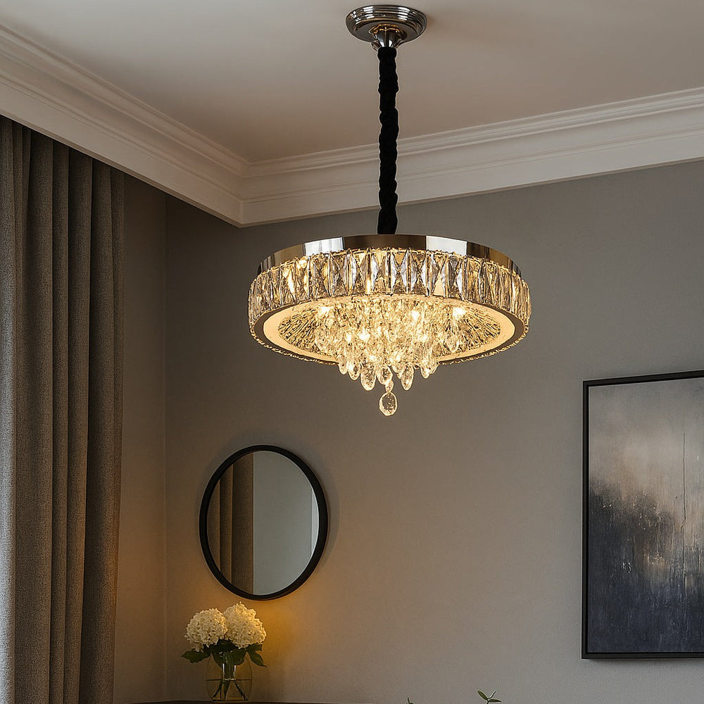 Candelabru LED rotund cu cristal in living spatios elegant, Ø500 mm, 112W, lumina reglabila 3500–6500K, cu telecomanda