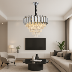 Candelabru rotund argintiu cu accente aurii și cristale, devenind punctul central luminos al unui living modern și spațios.