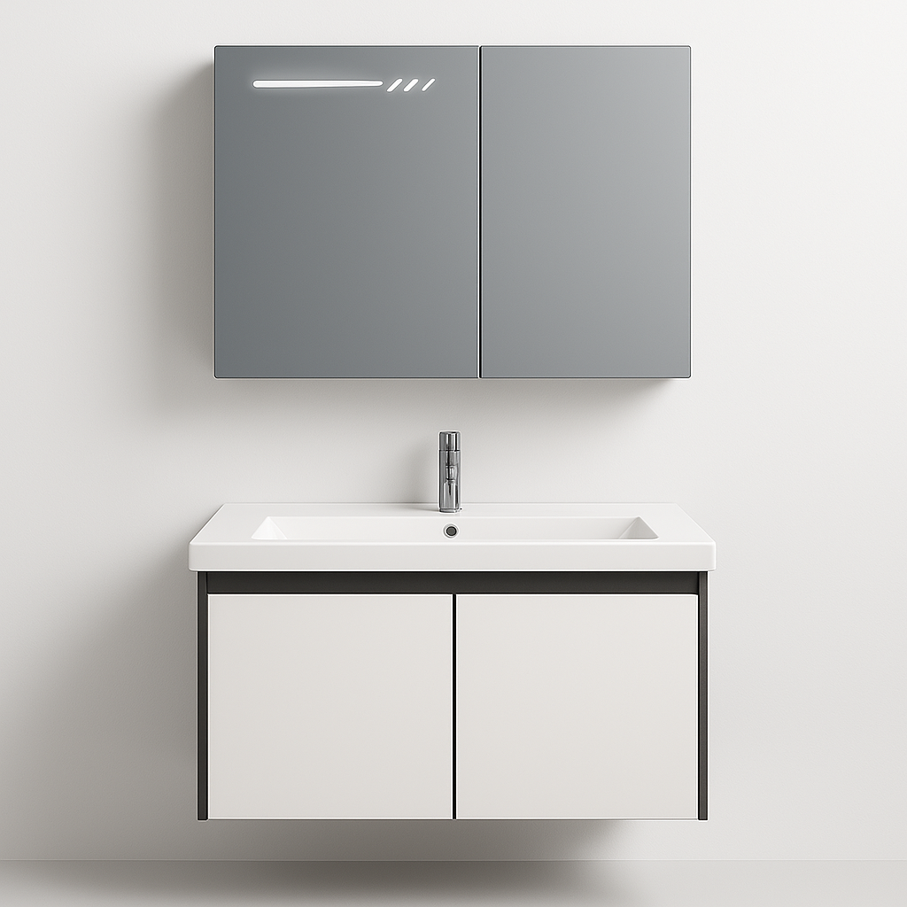 Set baie cu oglinda LED 60x70, dulap asimetric si lavoar alb negru, design modern pentru baie.