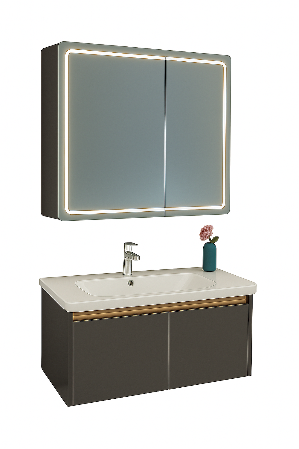 Set baie cu oglinda LED 80x60, dulap cu depozitare si lavoar suspendat, design modern pentru baie compacta.