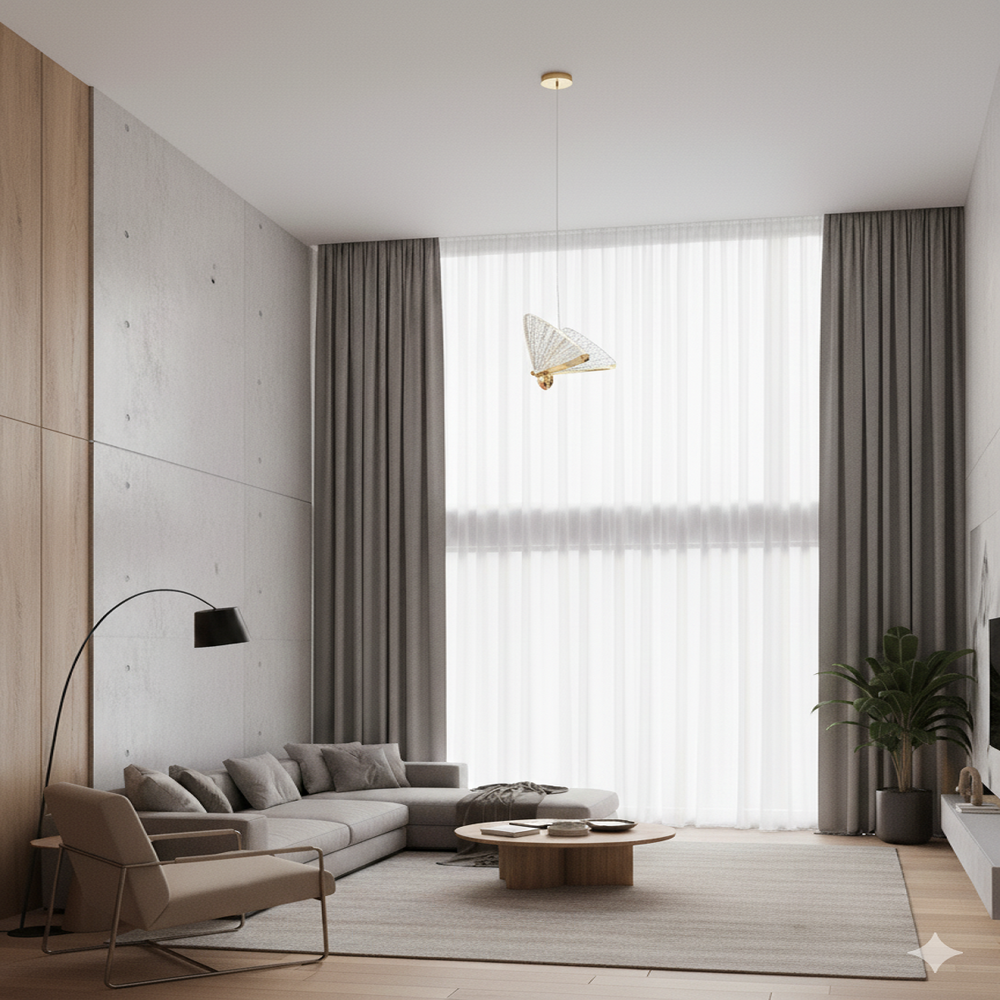 Lampa suspendata LED 5W din aluminiu auriu cu aripi transparente si lumina calda 3000K, instalata in living modern pentru un accent decorativ elegant