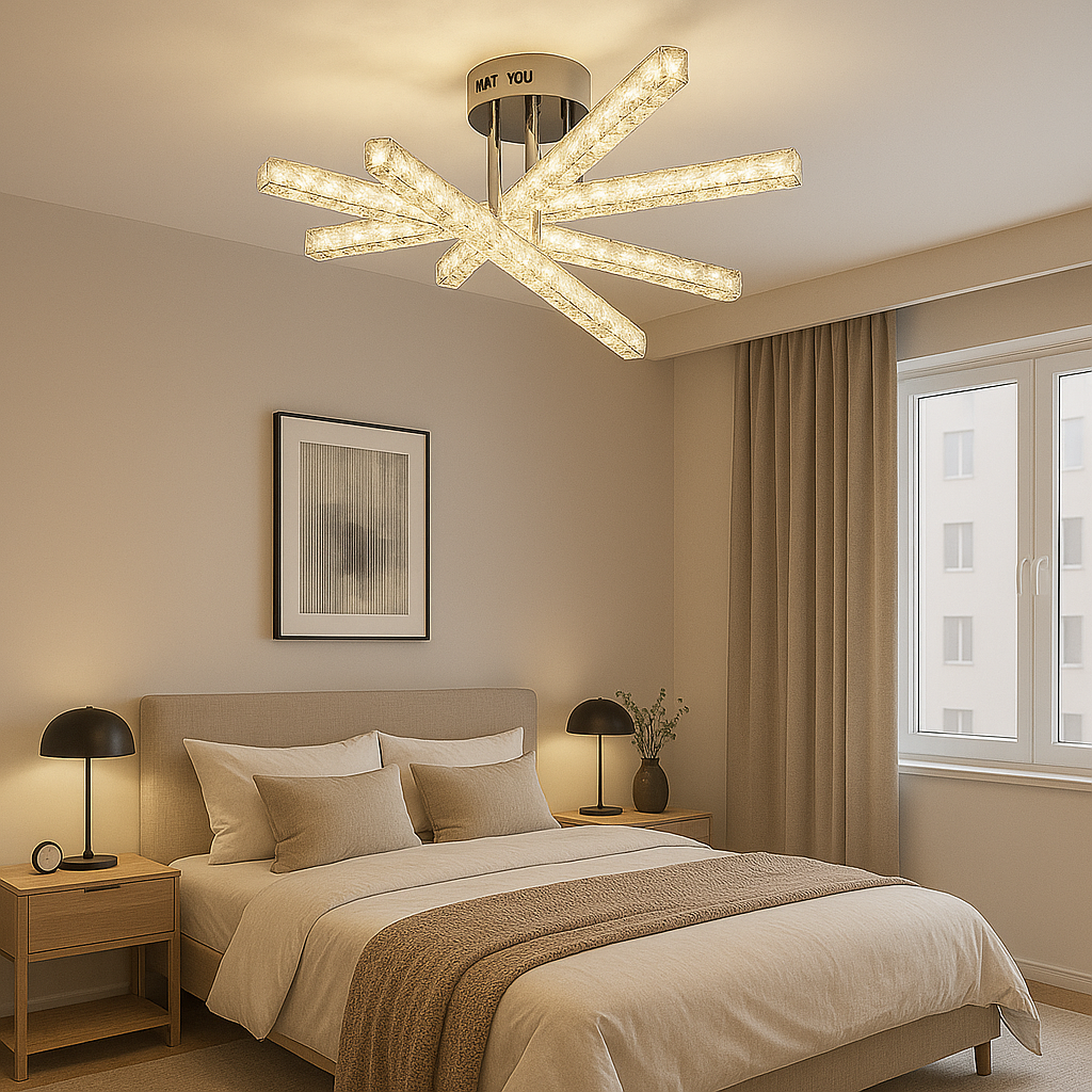 Lustra LED JB001-5 cu design arhitectural si 5 brate incrucisate, lumina ajustabila si telecomanda, montata intr-un dormitor modern.
