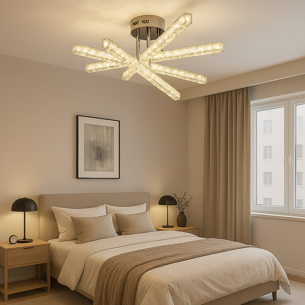 Lustra LED JB001-5 cu design arhitectural si 5 brate incrucisate, lumina ajustabila si telecomanda, montata intr-un dormitor modern.
