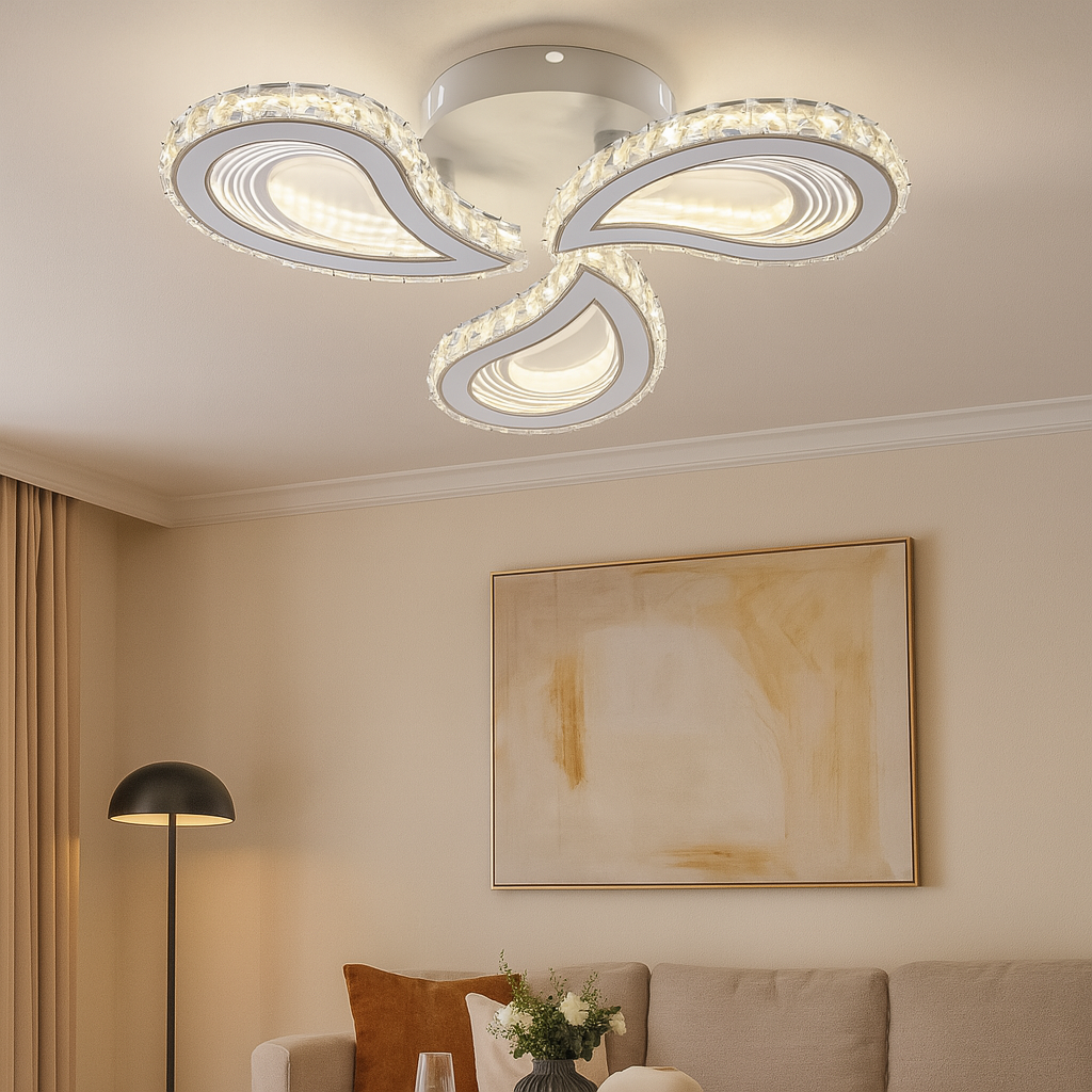 Lustra LED moderna 90W cu 3 brate si lumina reglabila 3000K-6500K cu telecomanda, montata in living pentru iluminare eleganta si uniforma