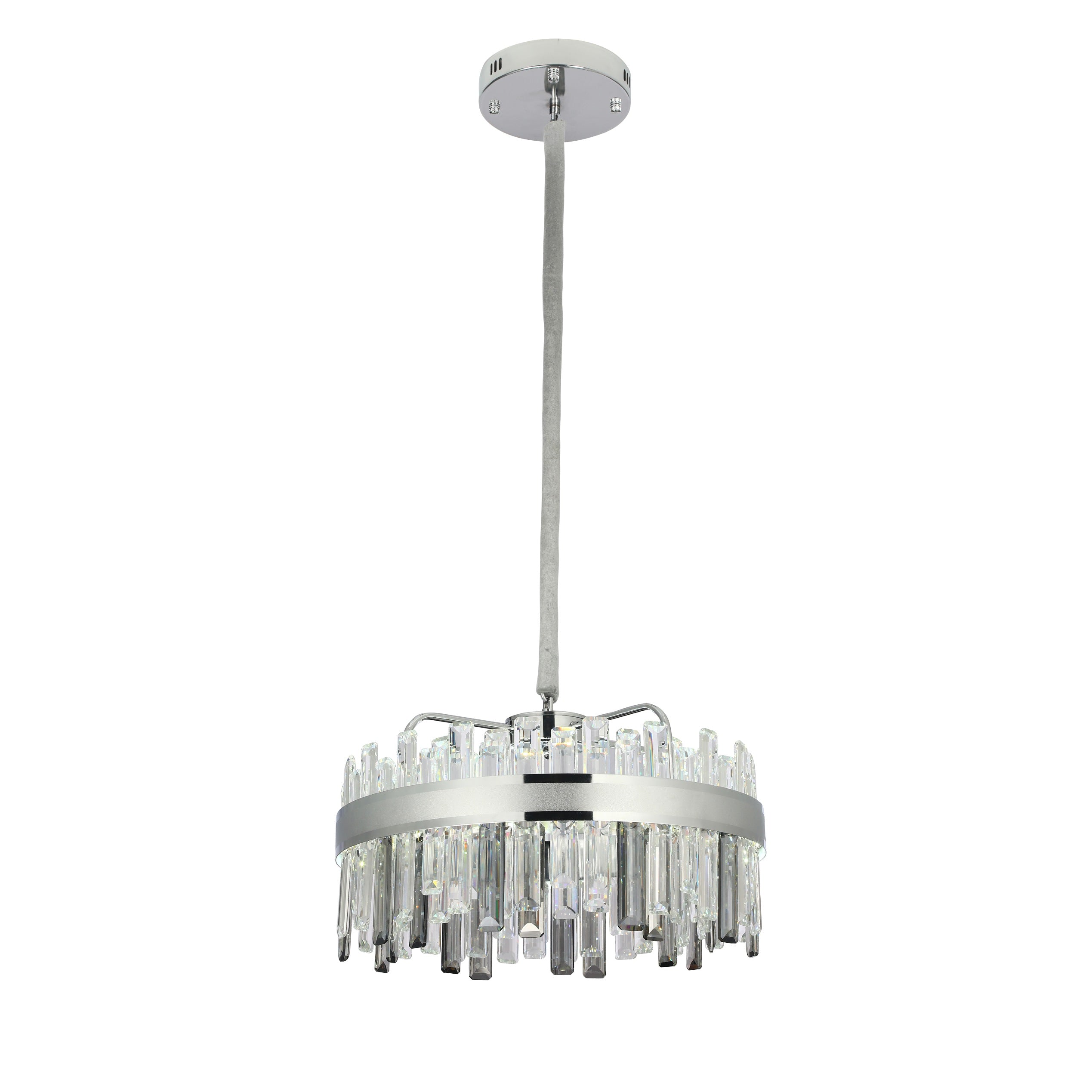Candelabru LED rotund argintiu 8652/500, 112W, cu telecomanda, lumina ajustabila cald-rece, dormitor elegant.
