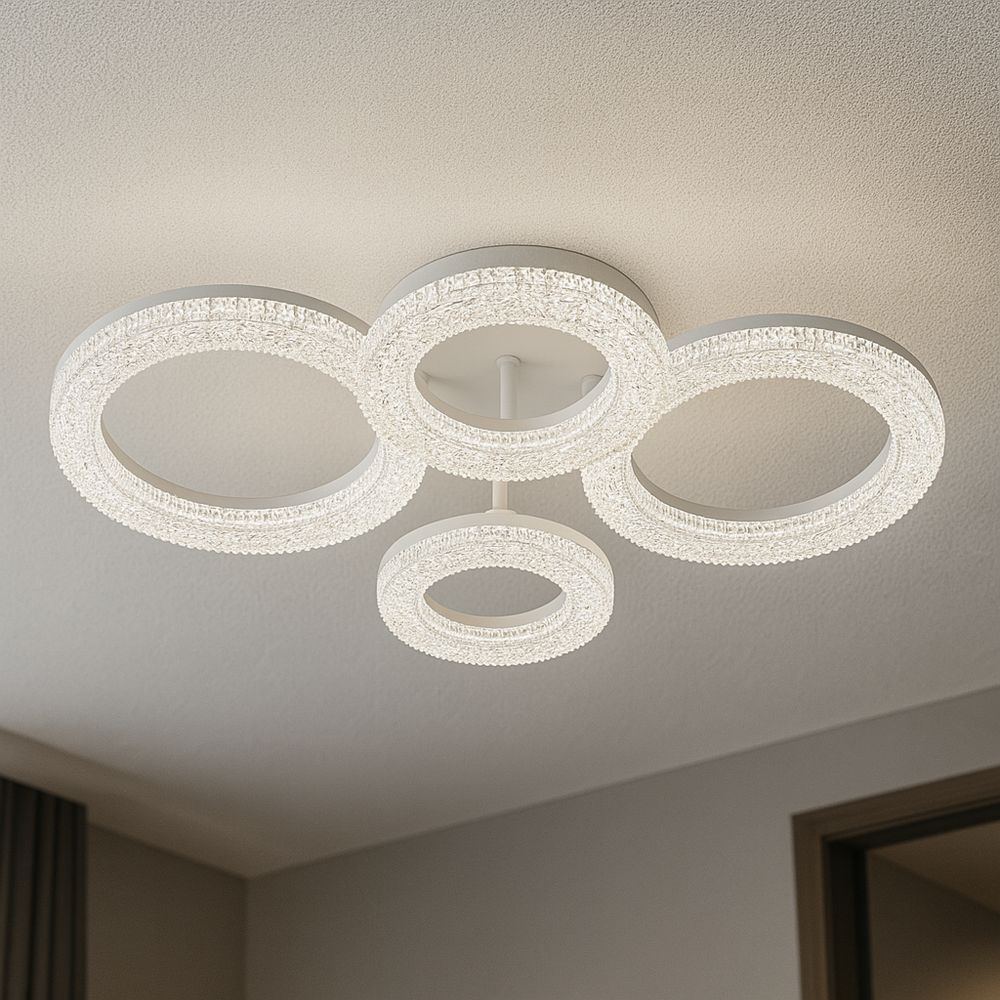 Lustra LED geometrica 104W cu accente transparente si lumina reglabila 3000K-6500K cu telecomanda, montata in living modern pentru iluminare eleganta si uniforma