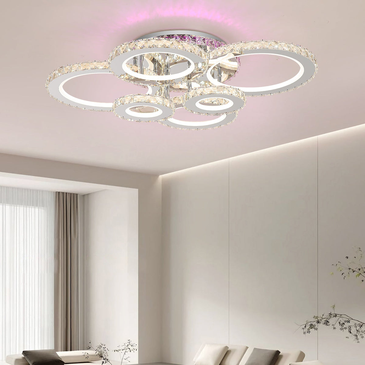 Lustra LED 238W cu 6 inele si RGB, lumina reglabila 3500K-6500K cu telecomanda, ideala pentru dormitoare moderne cu iluminare adaptabila si relaxanta