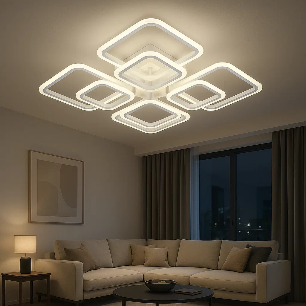 Lustra LED 8036/4+4 alba 128W cu 8 patrate si lumina reglabila, perfecta pentru living modern cu iluminare uniforma