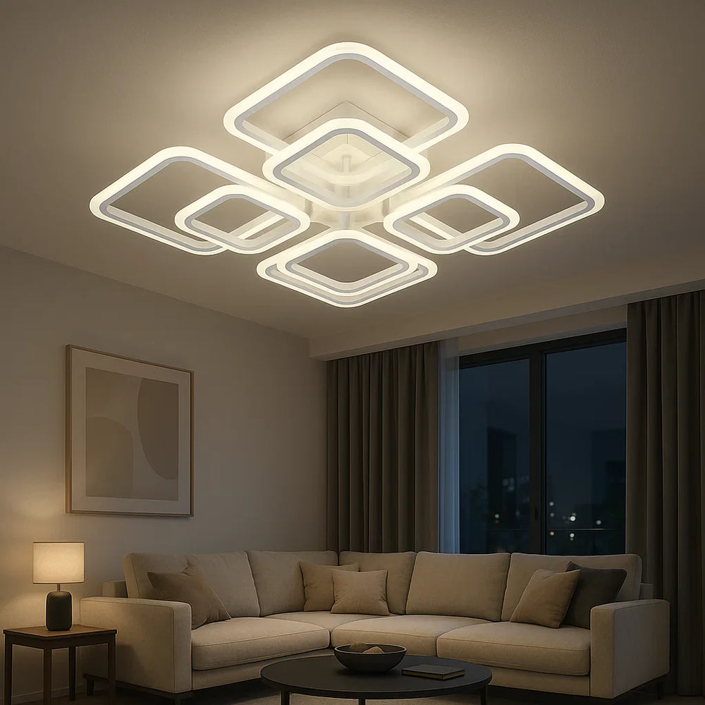 Lustra LED 8036/4+4 alba 128W cu 8 patrate si lumina reglabila, perfecta pentru living modern cu iluminare uniforma