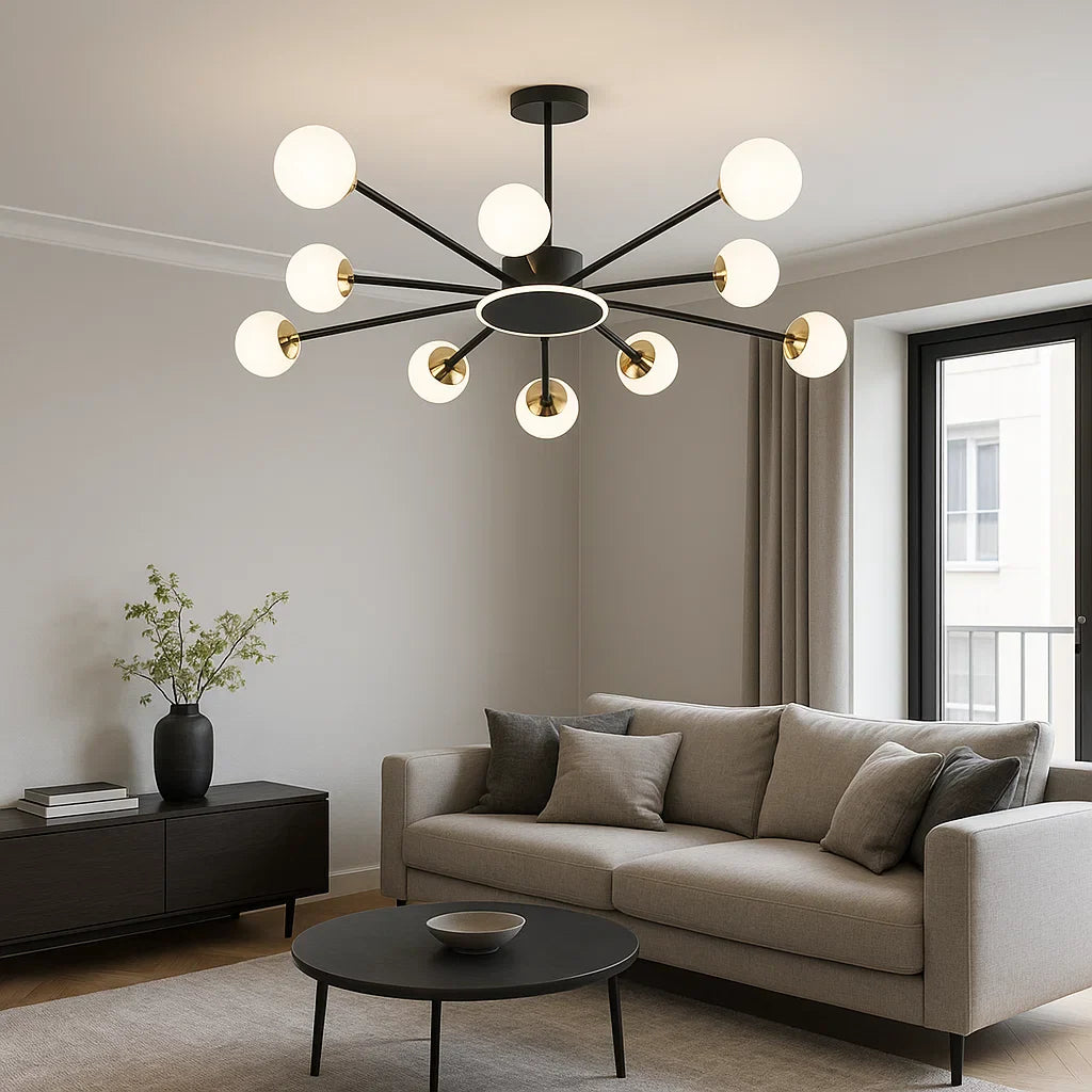 Lustra LED moderna cu globuri opal si accente aurii, cu telecomanda