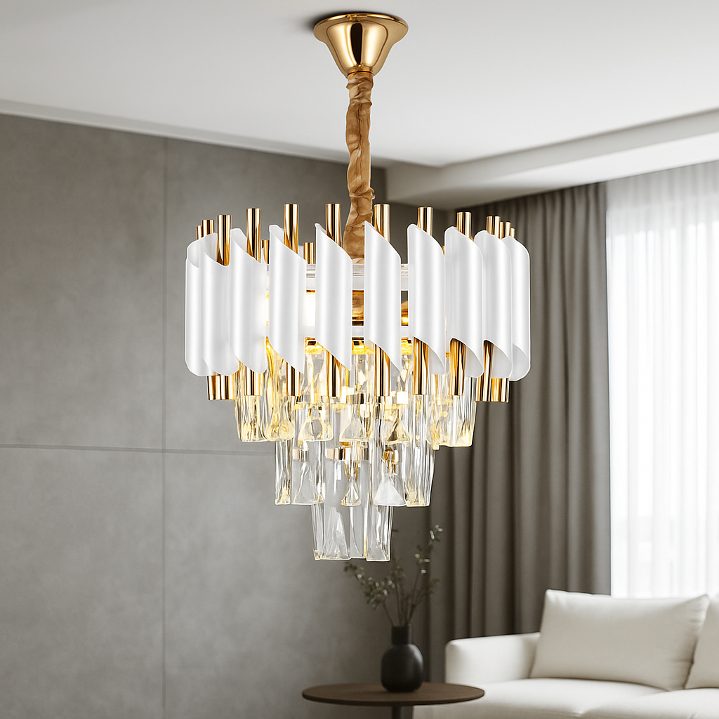 Candelabru rotund alb-auriu cu cristale 9001-300 WH+FGD lumineaza un living modern, oferind reflexii elegante si un accent decorativ de lux.