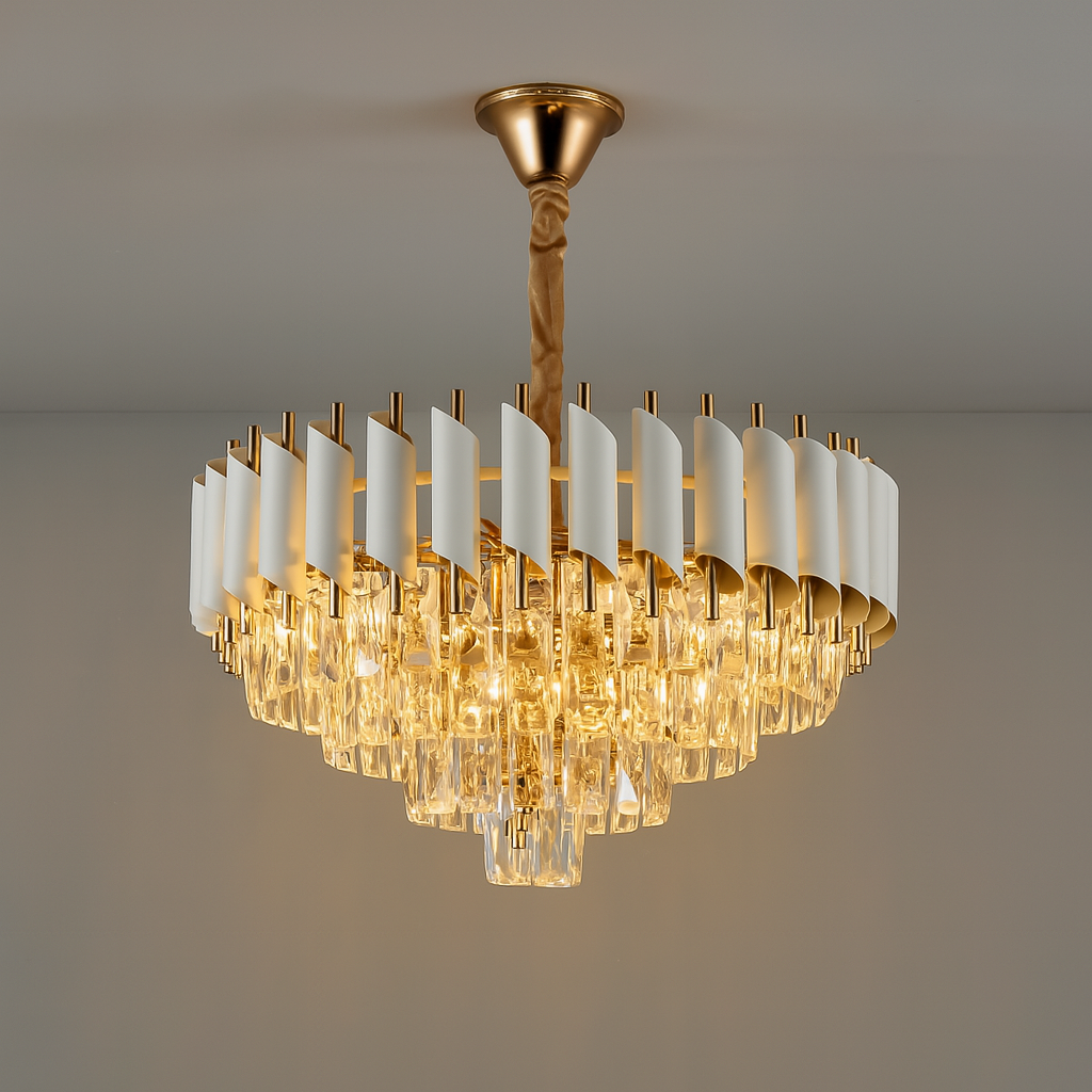 Candelabru rotund alb-auriu Ø400 mm cu cristale, iluminand un living modern si oferind lumina calda si un accent vizual luxos.