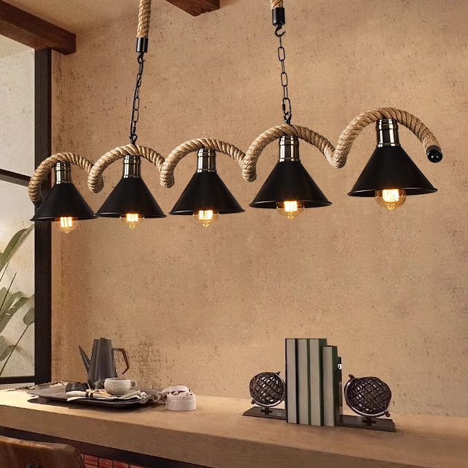 Pendul JD-77 cu franghii, metal si abajururi negre, 5 dulii E27, perfect pentru mese de dining cu stil industrial.