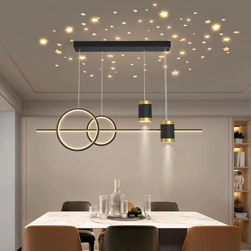 Pendul LED 9840/5BK+EPGD cu design linear negru si accente aurii, lumina reglabila 3000–6500K, ideal pentru dining modern si elegant.