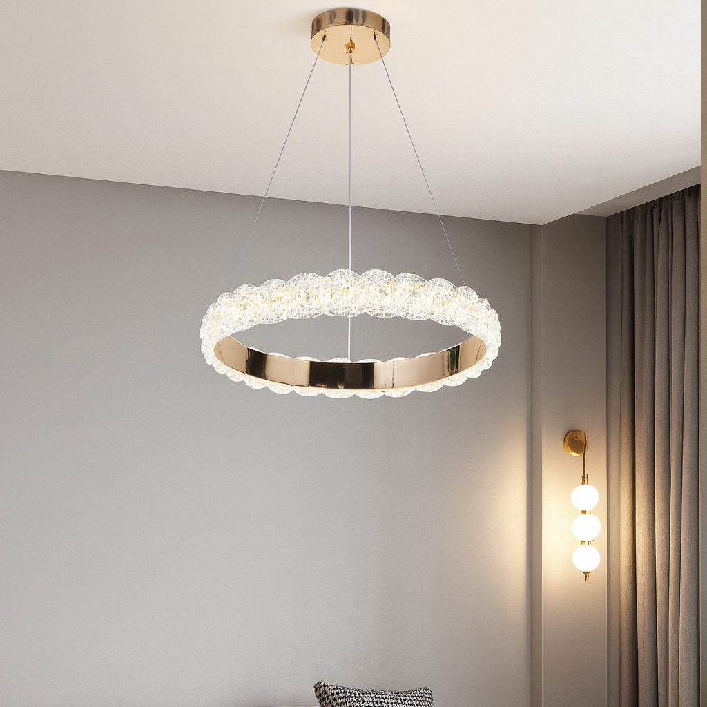 Lustra LED cerc rotund aurie 108W cu telecomanda, iluminare eleganta pentru living modern