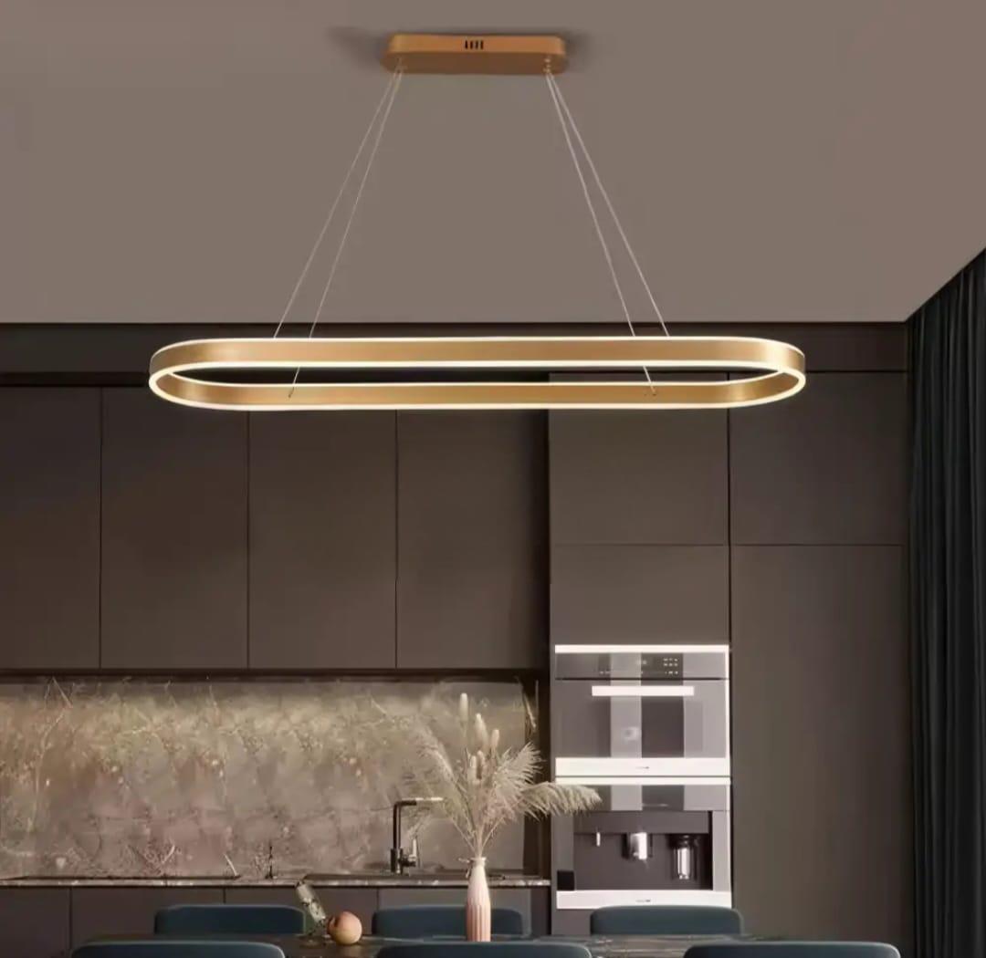 Lustra LED ovala aurie cu telecomanda, iluminare moderna deasupra insulei de bucatarie