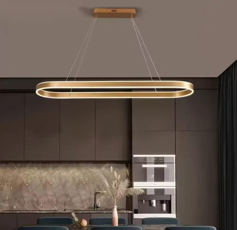 Lustra LED ovala aurie cu telecomanda, iluminare moderna deasupra insulei de bucatarie