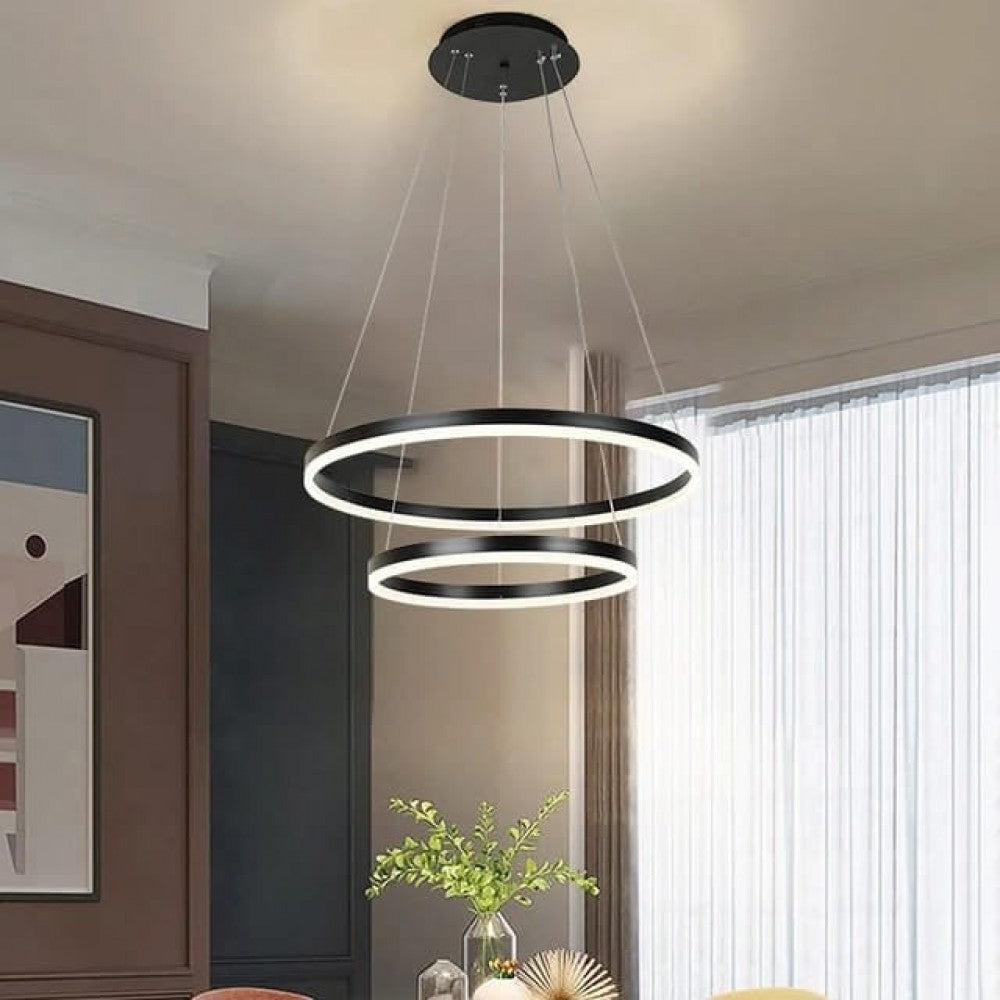 Lustra LED 2 cercuri negru mat 140W cu telecomanda, punct focal industrial pentru living