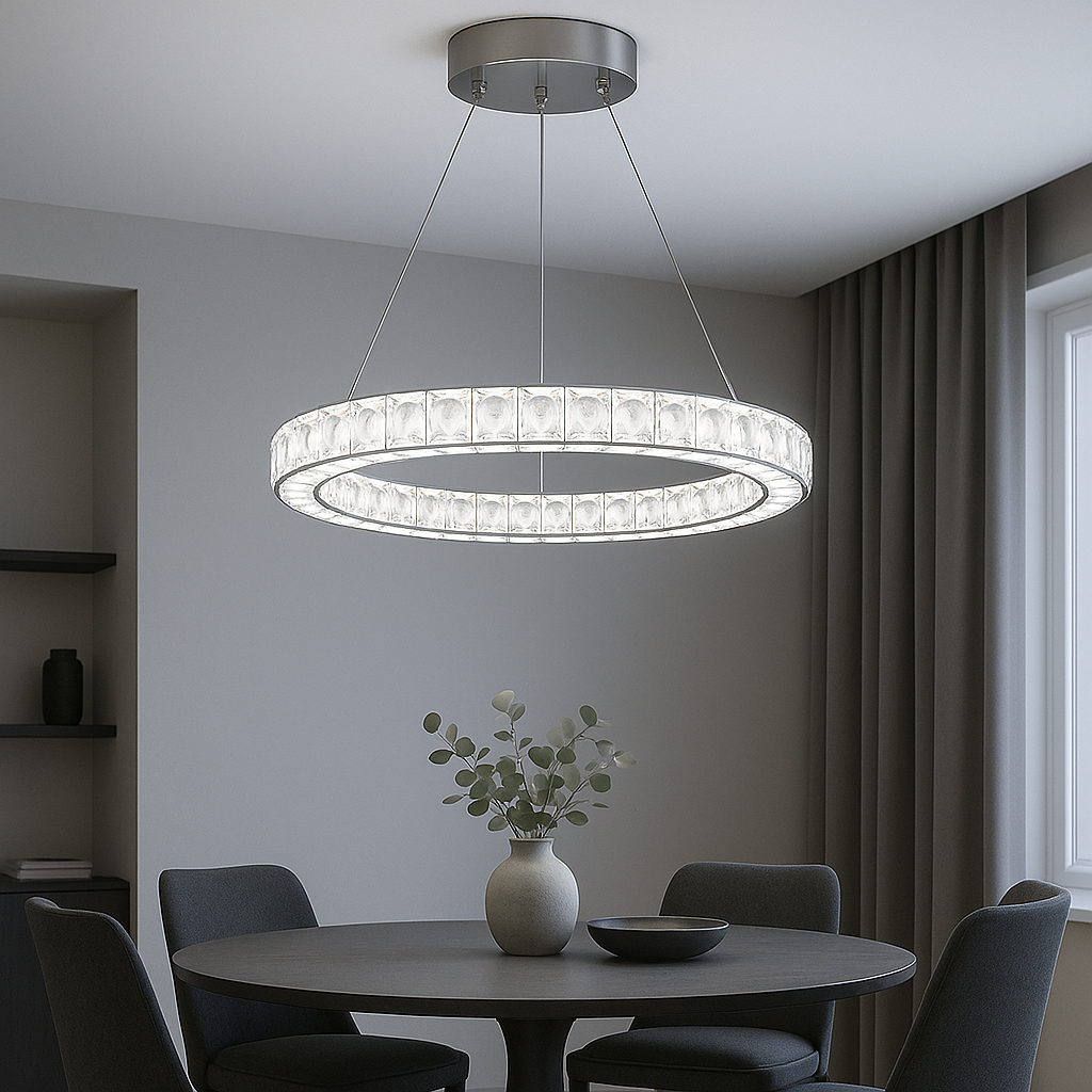 Lustra LED rotunda argintiu Orbit 56W cu telecomanda, punct central modern pentru zona de dining