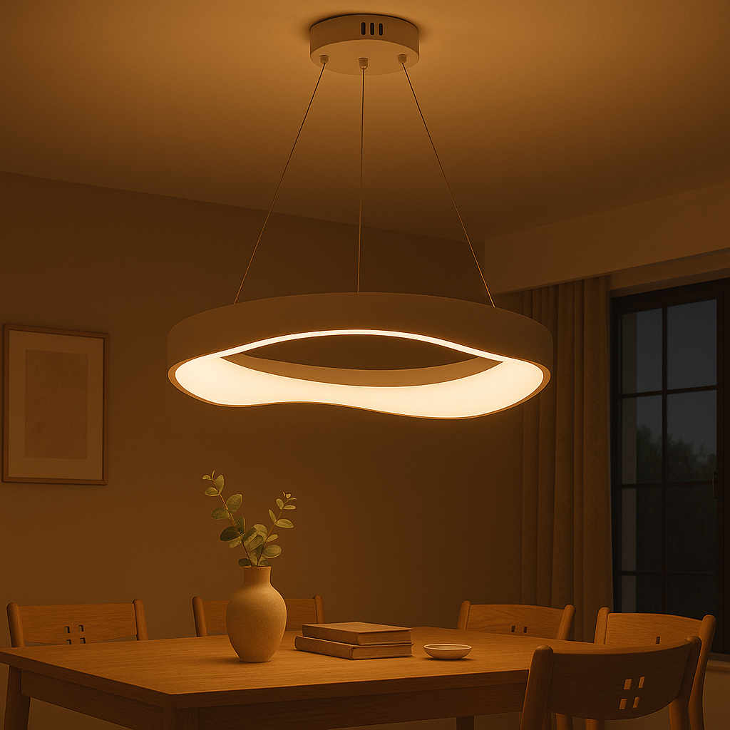 Lustra LED rotunda alba 520mm deasupra mesei de dining, iluminare uniforma moderna