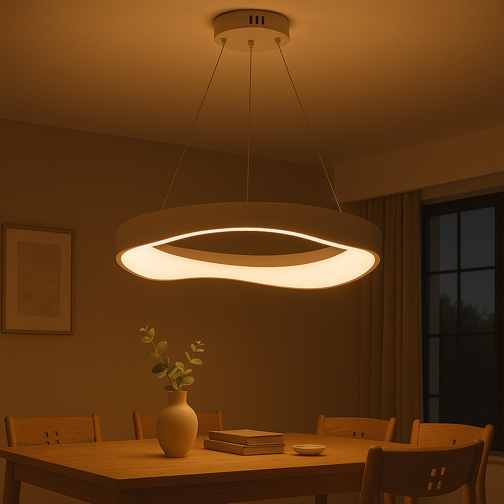 Lustra LED rotunda alba 520mm deasupra mesei de dining, iluminare uniforma moderna
