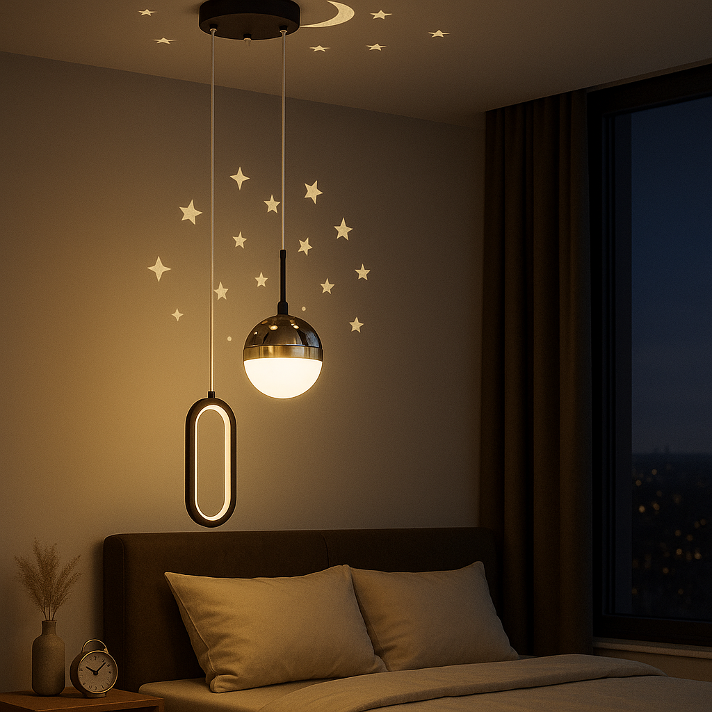 Pendul LED 7679/2 alb cu lumina reglabila 3000–6500K si telecomanda, ideal pentru dormitoare moderne cu atmosfera controlabila.