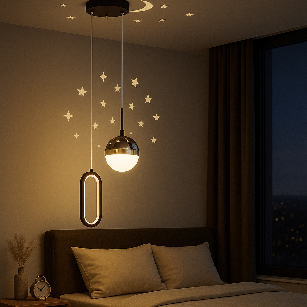 Pendul LED 7679/2 alb cu lumina reglabila 3000–6500K si telecomanda, ideal pentru dormitoare moderne cu atmosfera controlabila.