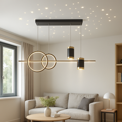 Pendul LED linear 9840/5BK+EPGD cu lumina reglabila si telecomanda, perfect pentru living-uri moderne ce necesita iluminare decorativa eficienta.