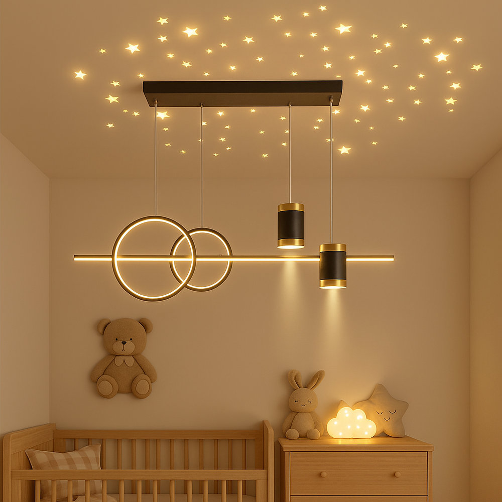 Pendul LED 9840/5BK+EPGD cu lumina ajustabila 3000–6500K si telecomanda, potrivit pentru dormitoare moderne cu atmosfera controlabila.