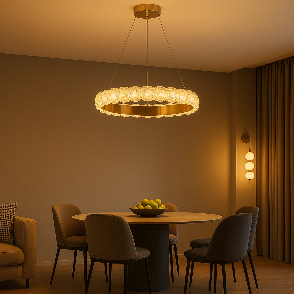 Lustra LED cerc rotund aurie tip inel LED, iluminare uniforma pentru masa de dining