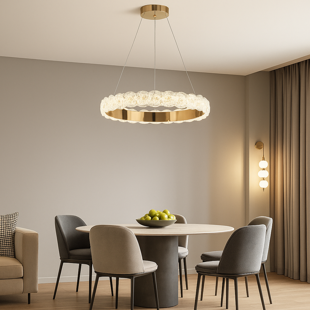 Lustra LED cerc rotund aurie tip inel LED, iluminare uniforma pentru masa de dining