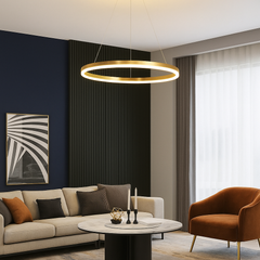 Lustra LED cerc rotund auriu 55W cu telecomanda, iluminare eleganta pentru living modern
