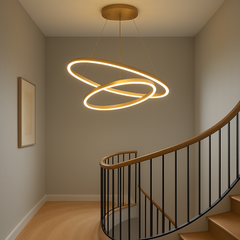 Lustra LED 2 cercuri auriu satinat 140W cu telecomanda, iluminare spectaculoasa pentru scara interioara