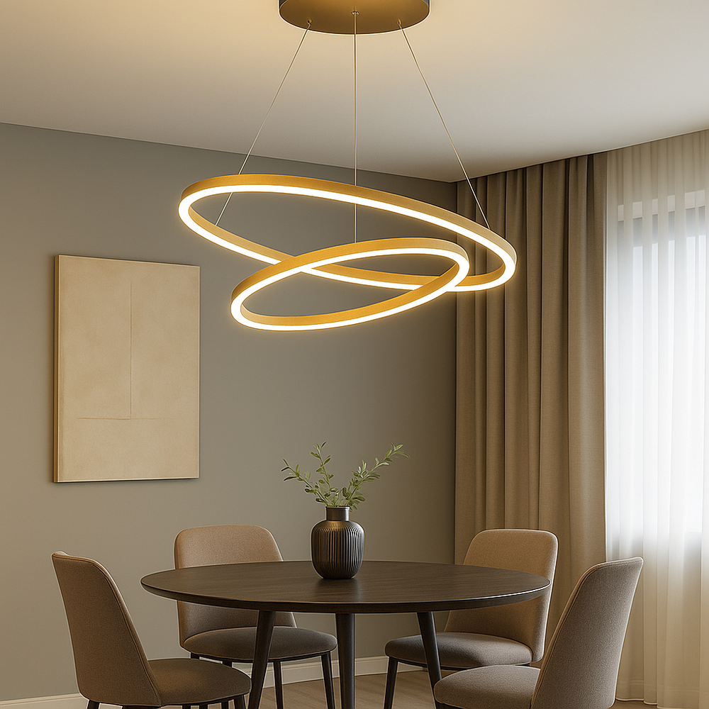 Lustra LED 2 cercuri auriu satinat 140W cu telecomanda, accent rafinat pentru zona de dining