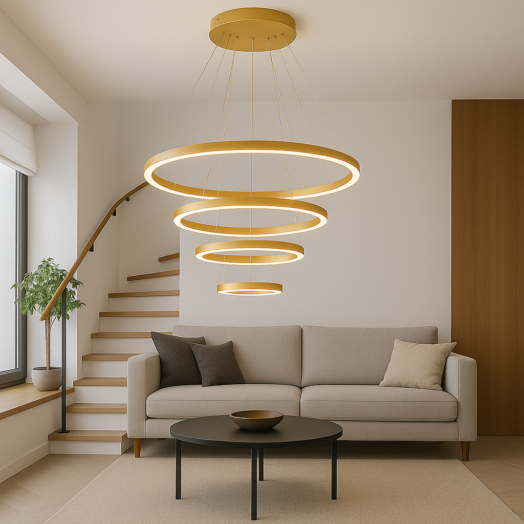 Lustra LED patru cercuri auriu 220W cu telecomanda, iluminare verticala spectaculoasa pentru scara