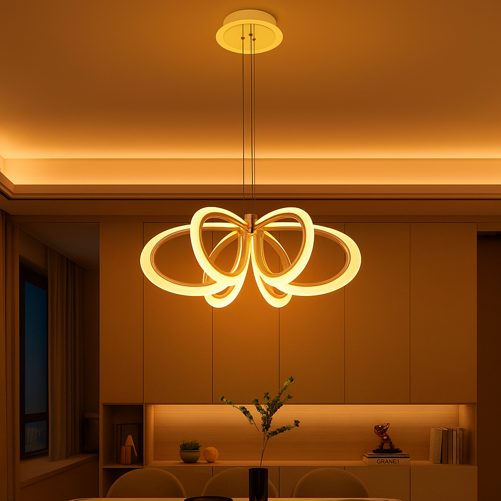 Lustra LED auriu 144W cu telecomanda, iluminare rafinata pentru zona de dining