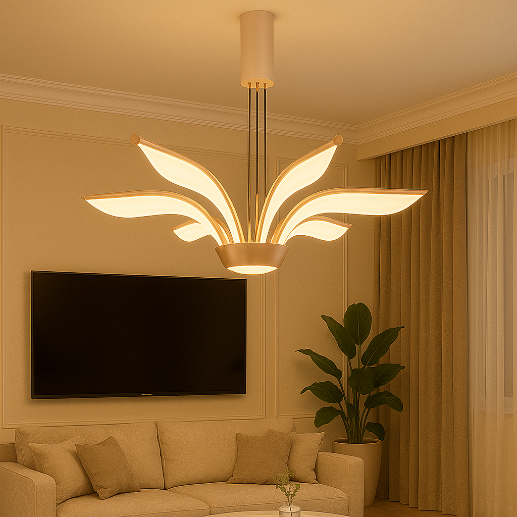 Lustra LED auriu 72W cu telecomanda, design geometric elegant pentru living modern