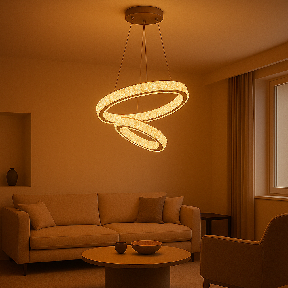 Lustra LED cristal 2 cercuri concentric Crystal Duo 100W cu telecomanda, punct focal pentru living cu tavan inalt