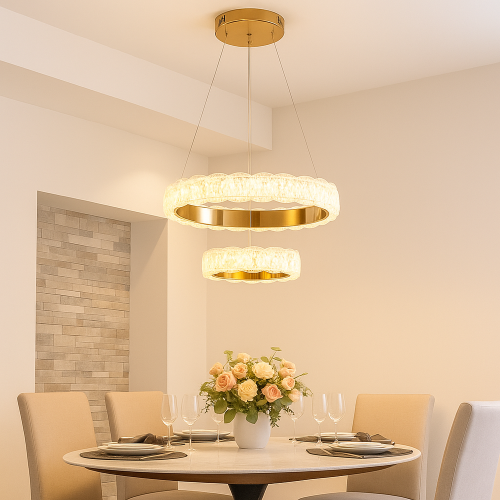 Ideala deasupra mesei de dining, lustra LED cu 2 cercuri asigura iluminare uniforma si aspect rafinat.