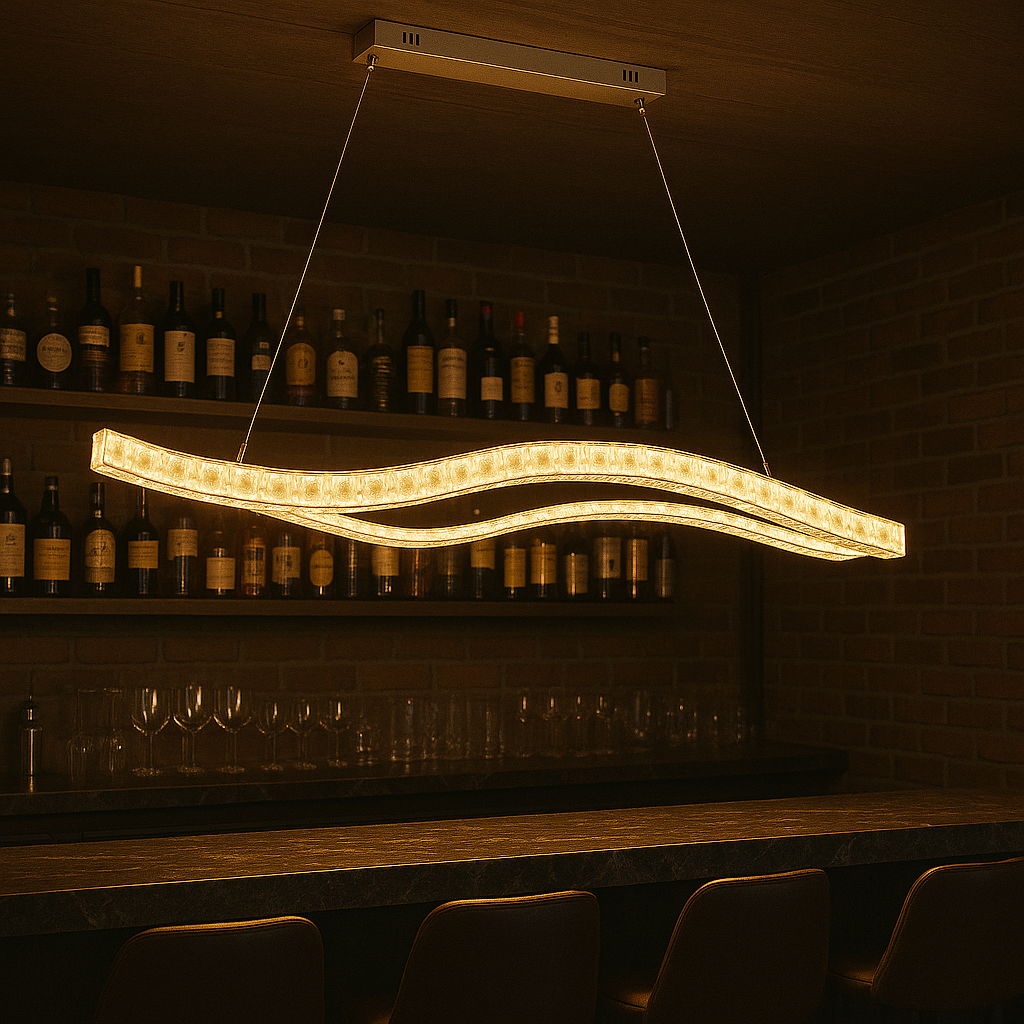 Lustra LED ondulata auriu Dual Wave 120W cu telecomanda, iluminare moderna pentru bar si zona de bar counter
