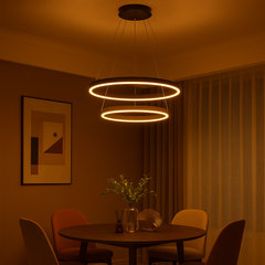 Lustra LED 2 cercuri negru mat 140W cu telecomanda, accent arhitectural pentru zona de dining