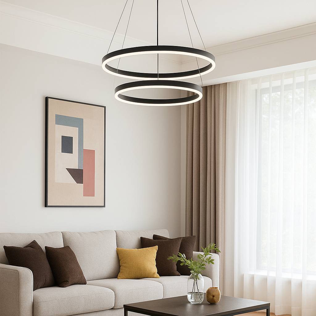 Lustra LED 2 cercuri negru mat 140W cu telecomanda, punct focal industrial pentru living