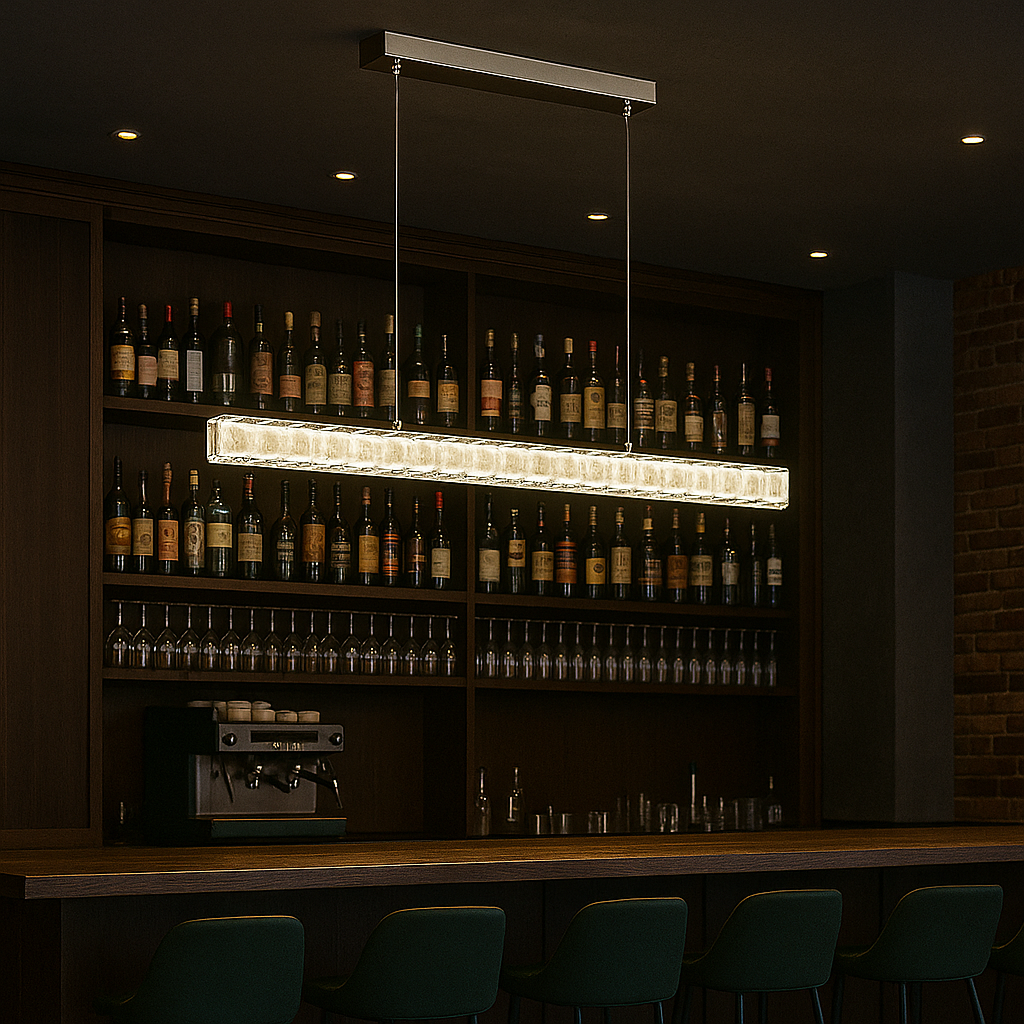 Lustra LED tip bara argintiu Flow 56W 80cm cu telecomanda, iluminare decorativa pentru bar